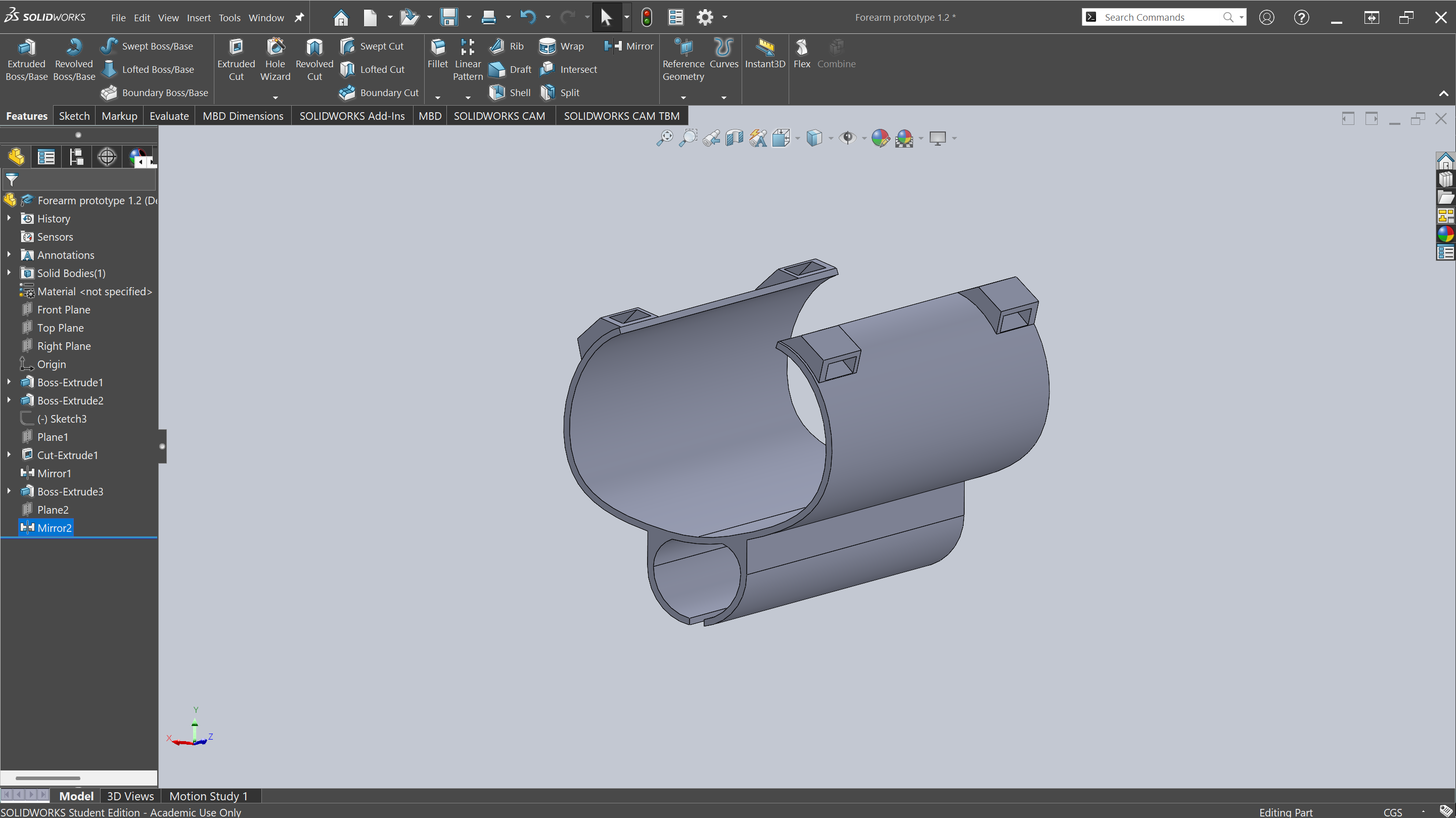 SolidWorks CAD model of Forearm Gauntlet prototype 1.2 — updated with cutout on underside