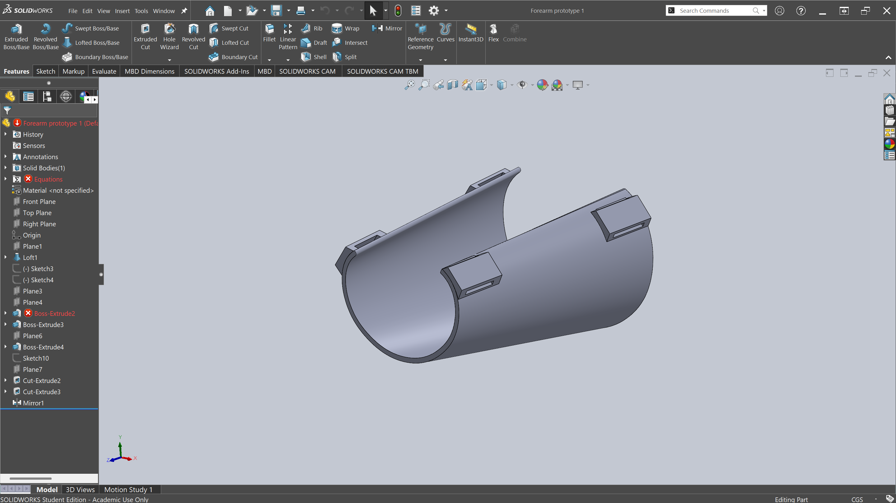 SolidWorks CAD model of Forearm Gauntlet prototype 1 — cylindrical forearm sleeve with mounting tabs